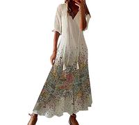 Modaworld Robe Longue Ete Boheme Maxi Robe d'été pour Femme Boho Maxi à Lacets Robes de Soirée Élegante col en V évasé à Volants Robes de Plage Décontractée San Manches Cocktail Chic