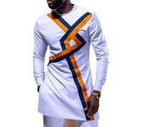 Mode Africaine Bloc De Couleur À Manches Longues Hommes T-Shirt Africain Hommes Haut Chemise De Nuit Robe Islamique Musulman, White, L