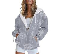 Mode Automne Et Hiver Femmes Croissance Verticale Fleur Fleur Imprimé Poche Décontractée Manches Longues Cordon À Capuche Veste Fermeture Éclair Dames Sweat À Capuche Cardigan Zippe (Grey, XL)