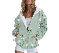 Mode Automne Et Hiver Femmes Croissance Verticale Fleur Fleur Imprimé Poche Décontractée Manches Longues Cordon À Capuche Veste Fermeture Éclair Dames Sweat À Capuche Cardigan Zippe (Green, XL)