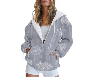 Mode Automne Et Hiver Femmes Croissance Verticale Fleur Fleur Imprimé Poche Décontractée Manches Longues Cordon À Capuche Veste Fermeture Éclair Dames Sweat À Capuche Cardigan Zippe (Grey, XL)