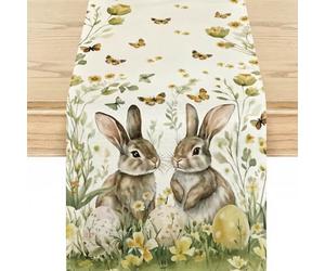 Mode Chemin de table de Pâques 40x180 cm avec lapins & œufs de Pâques - Chemin de table saisonnier de printemps pour cuisine & table à manger - Décoration de Pâques - Cadeau d'intérieur - Décoration