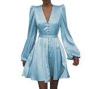 Mode DéContractéE pour Femmes à Col en V, Impression De Couleur Unie, Manches De Lanterne, Taille Mince, Robe Courte à Simple Boutonnage pour Femmes