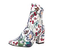 Mode d'hiver 2026 pour femme - Élégantes - Imprimé brodé - Rétro - Talon épais - Bout rond - Fermeture éclair - Confortable - Ne pas porter les pieds dans les bottes, Blanc., 40 EU