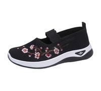Mode été Femmes Chaussures décontractées Fond Plat Fond Souple antidérapant Maille Respirant sans Lacet Confortable Fleurs brodées Bottes Talon Compensé (Black 37)