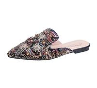 Mode Été Femmes Talon Plat Pointe Perle Strass Imprimé Coloré Demi-Pantoufles Mules, rouge, 39 EU