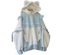 Mode Féminine Bloquant Les Couleurs Kawaii Mignon Doux Oreilles De Chat À Capuche Y2k Printemps Et Automne Lâche Décontracté Fermeture Éclair À Capuche (Blanc,M)