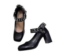 Mode féminine mignon vintage gothique une sangle y2k ballerines filles kawaii cloutées carrées peu profondes talons mary jane (Noir 3in,38)