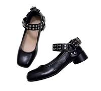 Mode féminine mignon vintage gothique une sangle y2k ballerines filles kawaii cloutées carrées peu profondes talons mary jane (Noir 1,4 pouces,37)