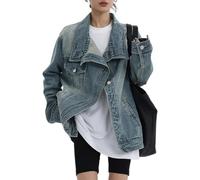 Mode Féminine Rétro Classique Bouton Incliné Punk Gothique Veste En Jean Lâche Décontracté Fête En Plein Air Tendance De La Rue Manteau À Manches Longues (Bleu,Grand)