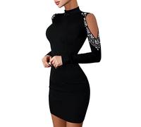 Mode féminine Sexy Robe Mince Paillettes Split Hems Contraste Robes en Maille col roulé Longue Manche Robe de fête à l'épaule Froide Jupe en Jean Mi Longue