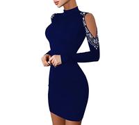 Mode féminine Sexy Robe Mince Paillettes Split Hems Contraste Robes en Maille col roulé Longue Manche Robe de fête à l'épaule Froide Jupe en Jean Mi Longue
