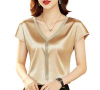 Mode Femme Chemises et Chemisiers en Soie Hauts Solide col en v Satin Manches Chauve-Souris pour Les Femmes élégant Bureau Dame Ample décontracté
