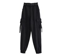 Mode Femmes Auto ceinturé Taille élastique Cargo Pantalon Femme Ample Noir Streetwear Pantalon décontracté Style coréen Pantalons de survêtement