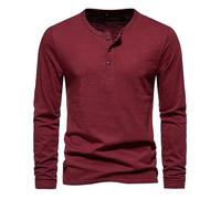 Mode Homme décontracté Trois Boutons Henry T-Shirt Basique Bouton Coton à Manches Longues Bas T-Shirt Henley Hauts (Vin Rouge,XL)