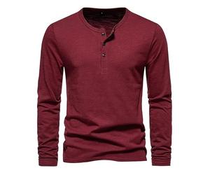 Mode Homme décontracté Trois Boutons Henry T-Shirt Basique Bouton Coton à Manches Longues Bas T-Shirt Henley Hauts (Vin Rouge,XL)