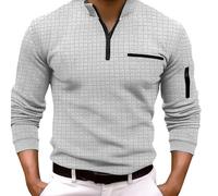 Mode Homme Printemps et Automne Casual Manches Longues Fermeture Éclair Couleur Unie Carreaux Manches Longues T-shirt Tops Débardeur Homme avec Dentelle, gris, M