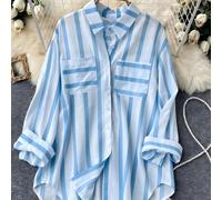 Mode Moi Hauts décontractés amples à imprimé rayé bleu clair pour femmes, chemise légère à imprimé rayé col classique, convient pour les vacances de printemps/été L,M,S,XL,XXLGéométrique,Tout ImpriméP