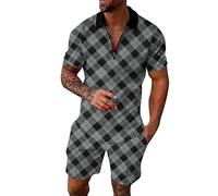 Mode pour homme - Imprimé géométrique décontracté - Deux pièces - Fermeture éclair - Cordon de serrage - Ensemble short pour une tenue décontractée élégante, Noir , M