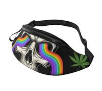 Mode Sac Sacoche Banane Crâne Psychédélique De Feuilles De Cannabis Ying Yan (Yinyang) Rainbow Sac De Taille avec Prise Casque Waist Pack pour Alpinisme Voyage Homme 14X35Cm