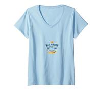 Mode Vacances Plage Tropicale Escapade détente T-Shirt avec Col en V, Femme, Bleu Céleste, XL