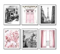 Mode Vintage Affiches murales de Paris Lot de 6 Noir et blanc Toile Affiche Tour Eiffel Fleur Rose Photos Décoration murale 8"x10" (20.3x25.4cm) SANS CADRE