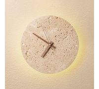 MODEBHD Horloge murale ronde en pierre naturelle, horloge murale en travertin avec rétroéclairage LED - Lampe murale pour salon, chambre à coucher - Horloge silencieuse au design minimaliste moderne -