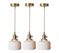 MODEBHD Suspension en céramique rayée, Suspension à Abat-Jour Blanc, plafonnier cylindrique en Laiton, Lustre réglable en Corde, plafonnier Suspendu à Base E27, Chambre à Coucher, Chevet