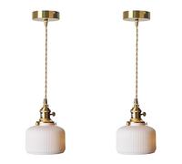 MODEBHD Suspension en céramique rayée, Suspension à Abat-Jour Blanc, plafonnier cylindrique en Laiton, Lustre réglable en Corde, plafonnier Suspendu à Base E27, Chambre à Coucher, Chevet