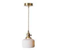 MODEBHD Suspension en céramique rayée, Suspension à Abat-Jour Blanc, plafonnier cylindrique en Laiton, Lustre réglable en Corde, plafonnier Suspendu à Base E27, Chambre à Coucher, Chevet
