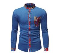 Modeewel Chemises à col mandarine pour homme - Imprimé africain - Manches longues - Coupe ajustée - Manches longues - Chemise décontractée - Chemise de fête pour homme - T-shirt basique - Coupe