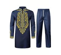Modeewel Costume africain Dashiki et pantalon coupe normale Dubaï Arab Caftan Vêtements Middle East Thobe avec pantalon Ensemble africain 2 pièces Costume traditionnel, bleu marine, M