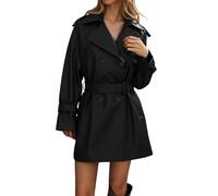Modeewel Veste en cuir pour femme - Longue - En cuir synthétique - Manches longues - Veste coupe-vent - Col à revers - Fermeture éclair - Couleur unie - Élégant - Trench coat pour femme, Noir , L