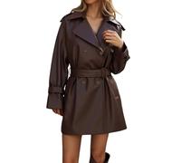 Modeewel Veste en cuir pour femme - Longue - En cuir synthétique - Manches longues - Veste coupe-vent - Col à revers - Fermeture éclair - Couleur unie - Élégant - Trench coat pour femme, marron, XL
