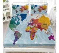 ModèLe de Carte du Monde Parure de Lit 2 Personnes, Drap Housse en Microfibre Coloré Housse de Matelas 30cm Épais Protection de Matelas - Antidérapant Anti Rides 3 Pièces 140x190 cm