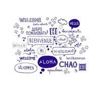 Modèle Plusieurs pays Langue Bienvenue Café Boutique Bonjour Citations Stickers muraux 34x45cm Amovible sans laisser de colle Bleu foncé