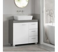 Modèle vasque intégré, 3 Grands Tiroirs, Placard sous Vasque, 2 Compartiments Derrière la Porte, 30 x 70 x 64 cm, Gris et Blanc