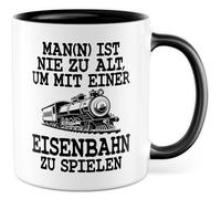 Modellbau Tasse avec inscription en allemand « Geschenk Man ist nie zu alt um mit einer Eisenbahn zu spielen » - Tasse à café en céramique 330 ml - Modélisme ferroviaire - Tasse à café modèle