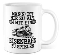 Modellbau Tasse avec inscription en allemand « Geschenk Man ist nie zu alt um mit einer Eisenbahn zu spielen » - Tasse à café en céramique 330 ml - Modélisme ferroviaire - Tasse à café modèle