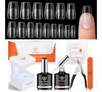 modelones Capsule Americaine Ongle Kit, 510pcs Faux Ongles Court Coffin 15 Tailles, 9 in On Nail Glue und Primer Gel und Mini Lampe Uv,Kit Pose Americaine Ongles pour l'Extension des Ongles Cadeaux
