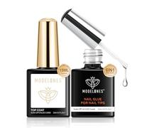 modelones Top Coat Semi Permanent et Colle Faux Ongles 6 en 1, 2x15Ml No Wipe Base et Top Coat Vernis Semi Permanent,Gel pose Americaine,Vernis à ongles Gel UV Manucure Kit