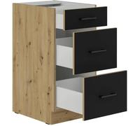 MODENA - Meuble bas casserolier - 3 tiroirs - 40 x 52 x 82 cm - Chêne artisan / Noir mat - Plan de travail non inclus Noir