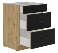 Modena - Meuble bas casserolier - 3 Tiroirs - 60 cm - Chêne artisan et noir mat - Plan de travail non inclus