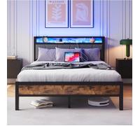 Modenuit cadre de lit 140x200 cm avec LED tête de lit rangement USB prise intégrée MDF et métal marron