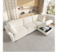 Modenuit Canape d angle modulaire 4 places beige en chenille avec pouf de rangement