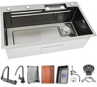 Moder Stailess Steel Kitche SIK avec Robinet D’Affichage De La Température, Conception De Cascade, Bol Sigle Multifuctioal SIK, avec Robinet Coulissant, Ensemble Complet De SIK, One Color, 68x45x22cm