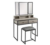 MODERION Coiffeuse avec 3 miroirs pliés et 2 tabourets à 2 tiroirs, table de maquillage avec chaise rembourrée, design vintage industriel, (gris ivoire A2)