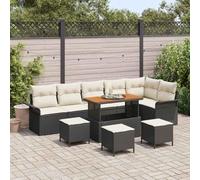 Modern 10-Piece Outdoor Garden Sofa Set with Cushions, Black Cream Rattan Furniture for Patio Terrace, Water-Resistant Storage & Adjustable Feet, Durable Acacia Wood Steel Frame Salon de Jardin