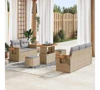 Modern 10-Piece Outdoor Patio Sofa Set, Beige & Light Grey Modular Garden Furniture with Table and Ottomans, UV-Resistant Poly Rattan & Acacia Wood for Terrace, Poolside, Summer Relaxation