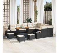 Modern 13-Piece Outdoor Garden Sofa Set, Black Poly Rattan Wicker Patio Furniture with Acacia Wood Table, Modular Sectional Couch for Terrace, Backyard, Lounge, Weather-Resistant & Includes Storage